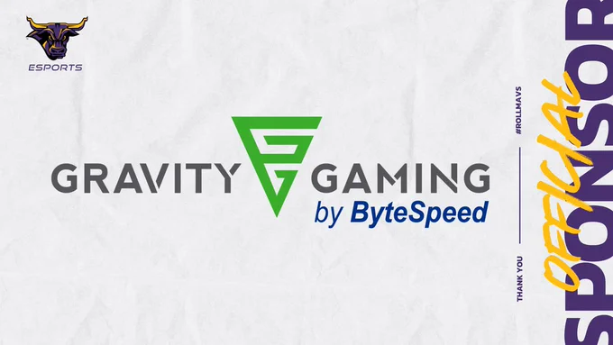 Sponsor post: Maverick Logo on top left ; Text on right side: Official Sponsor, Thank You, # ROLLMAVS 
Center: GRAVITY GAMING by ByteSpeed 
