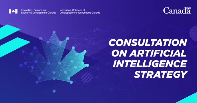 Maple leaf with connected dots showing digital mapping. Text: Have your say. Consultation on Canada’s Artificial Intelligence Strategy.