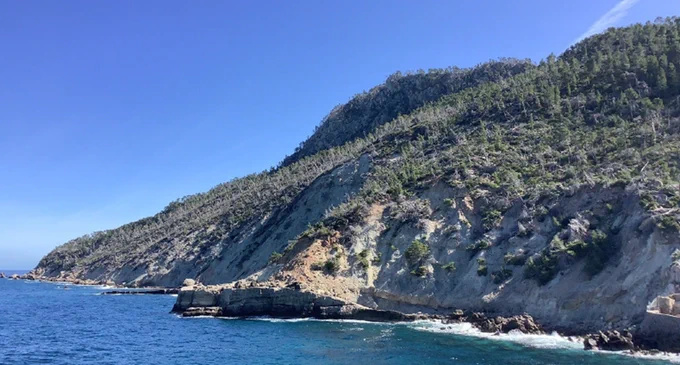 Panoràmica de la discordança entre la plataforma carbonàtica de la formació Sant Elm i les turbidites de Banyalbufar. 