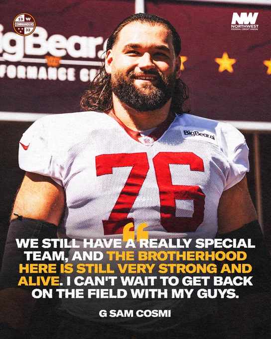 Quote graphic. It features a photo of Sam Cosmi walking out to practice. The quote reads, “We still have a really special team, and the brotherhood here is still very strong and alive. I can't wait to get back on the field with my guys.”
