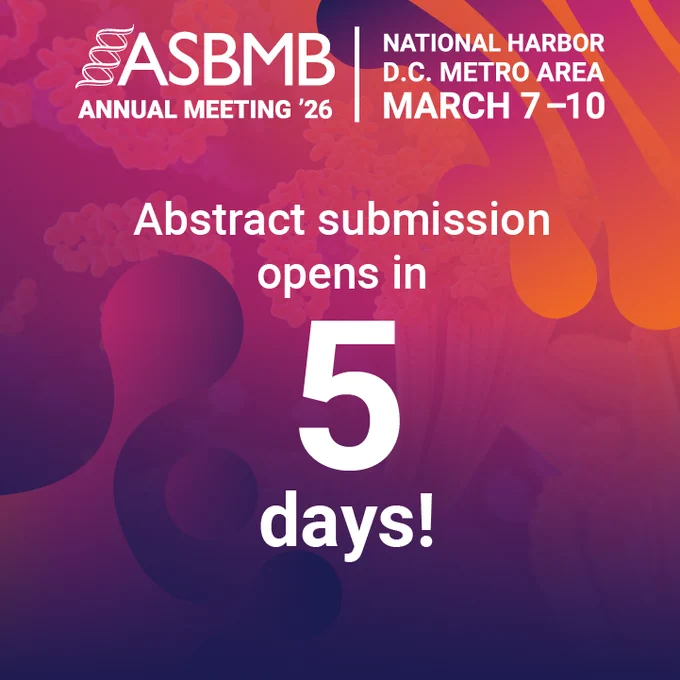 Text reads abstract submission opens in 5 days! The background is a scientific image behind a blue, pink and orange gradient.