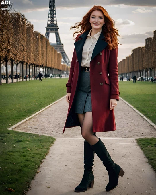 Izzy Duffy modeling a burgundy coat.

Izzy Duffy poses in Champ de Mars park in Paris with the Eiffel Tower prominently in the background. She wears a double-breasted deep burgundy wool coat with contrasting black lapels over a cream blouse and a charcoal skirt, paired with black heeled boots. Her long red hair falls in loose waves as she smiles brightly, walking forward on a gravel path lined with trees. The autumn park setting and iconic landmark frame the image as part of the travel-ready outerwear fashion campaign.
