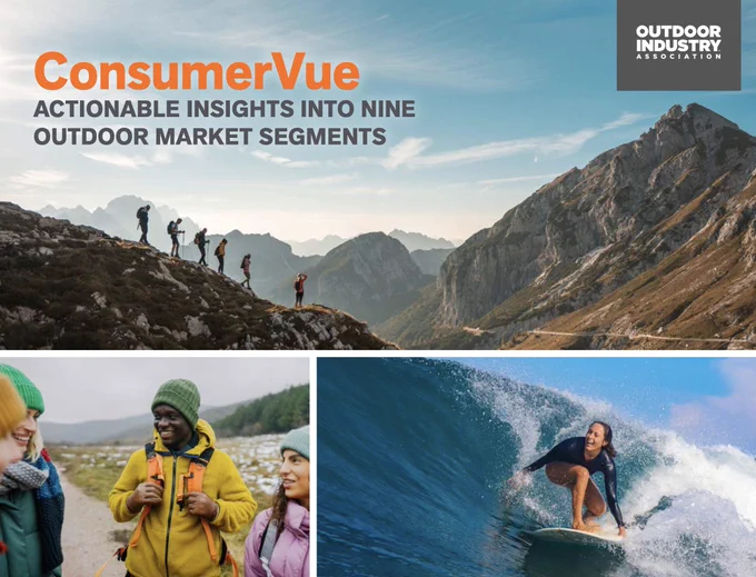 Promotional image for ConsumerVue by Outdoor Industry Association, featuring three separate photos. Top photo shows a group of hikers on a mountain trail. Bottom left photo shows two people in warm clothing talking outdoors. Bottom right photo shows a person surfing a large wave.