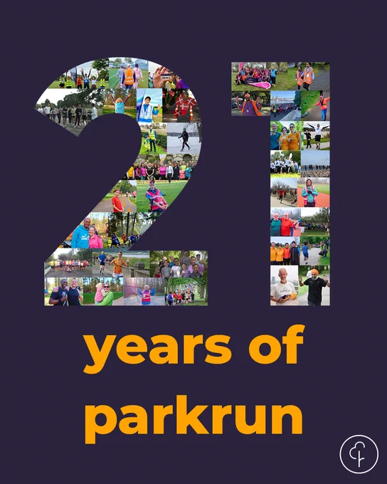 Graphic which says 21 years of parkrun with a number of parkrun images in a collage behind the number 21