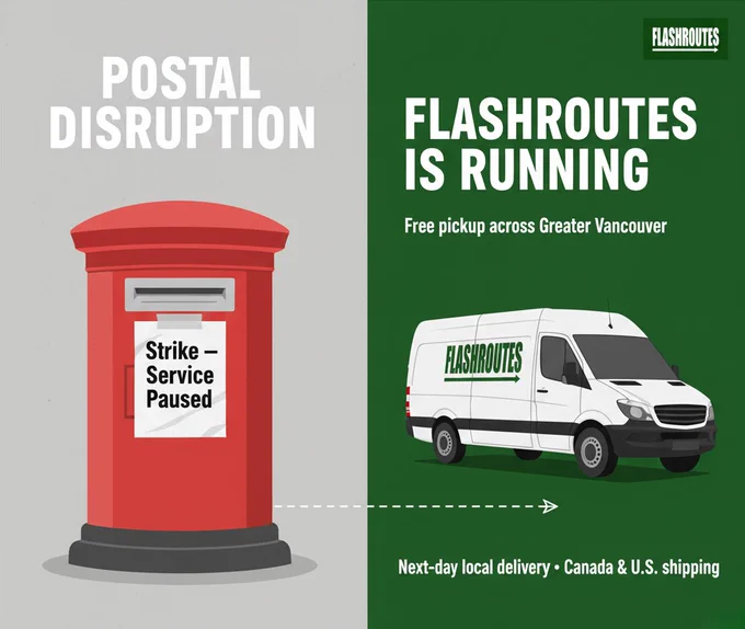 Postal disruption vs FlashRoutes running split graphic; message: alternative courier continuity during strike.
