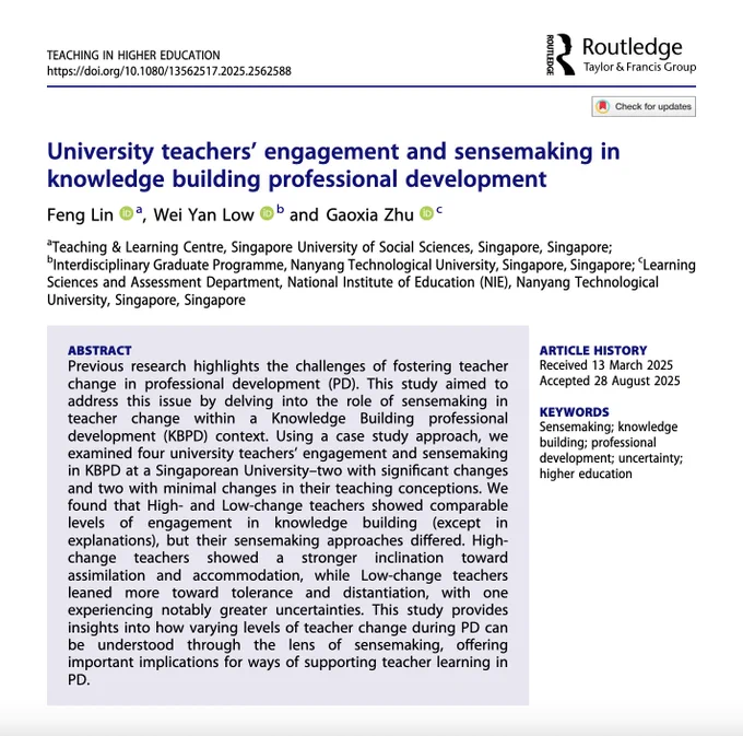 A screenshot of the first page of the article from the journal Teaching in Higher Education: Critical Perspectives titled: University teachers’ engagement and sensemaking in knowledge building professional development by Feng Lin, Wai Yan Low and Gaoxia Zhu. The screenshot includes the abstract of the article (available via the link).
