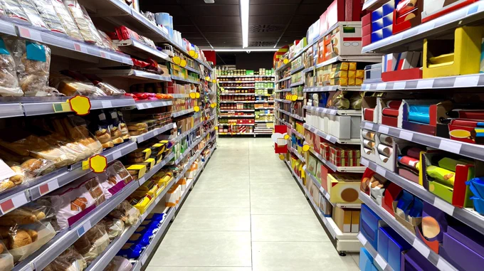 Supermarket aisle like a clean, endless street lined with shelves on both sides, filled with colorful products and displays stretching into the distance. A perfect perspective shot for retail design inspiration.

https://stock.adobe.com/contributor/211338080/Whatson

#SupermarketStreet #RetailDesign #AisleView #StoreLayout #Planogram #VisualMerchandising #ShelfDisplay #PackagingDesign #BrandlessMockup #RetailInspiration