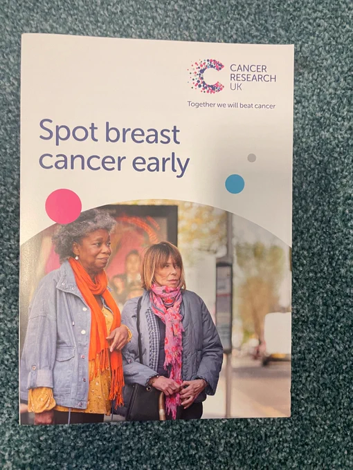 Two females wearing scarves on the front of a leaflet entitled spot breast cancer early