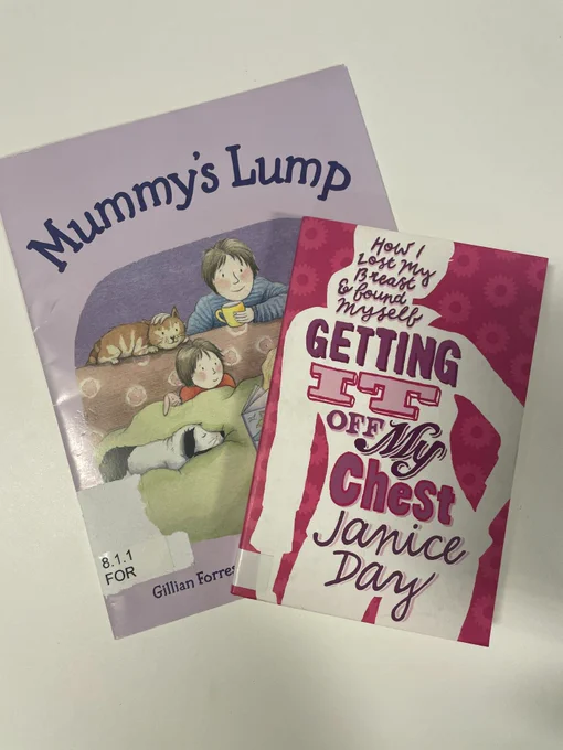 Two books on a white surface: 'Mummy's Lump' with an illustration of a family and pets, and 'Getting It Off My Chest' by Janice Day, a personal breast cancer story.