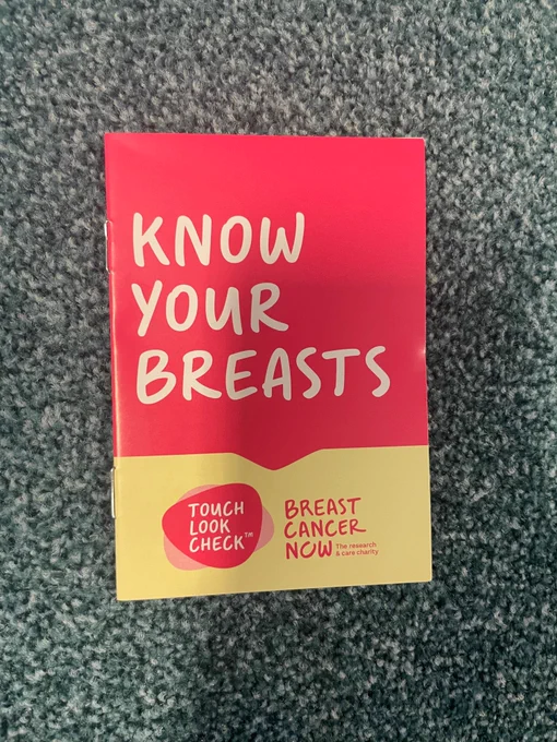 A yellow and pink booklet with the wording know your breasts and the breast cancer now logo.
