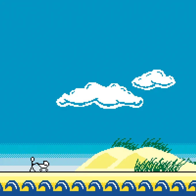 Pixel art scene of a stick figure walking a small dog along a coastal path. 