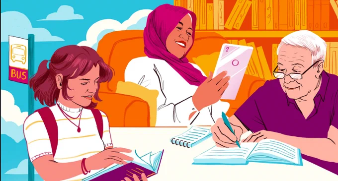 Screenshot taken from the cover of the report. Image is a cartoon showing three different people reading and writing - on the left is a young person flicking through a book, in the middle is a woman wearing a hijab and using an ereader, and on the right is an elderly person with white hair making some notes.