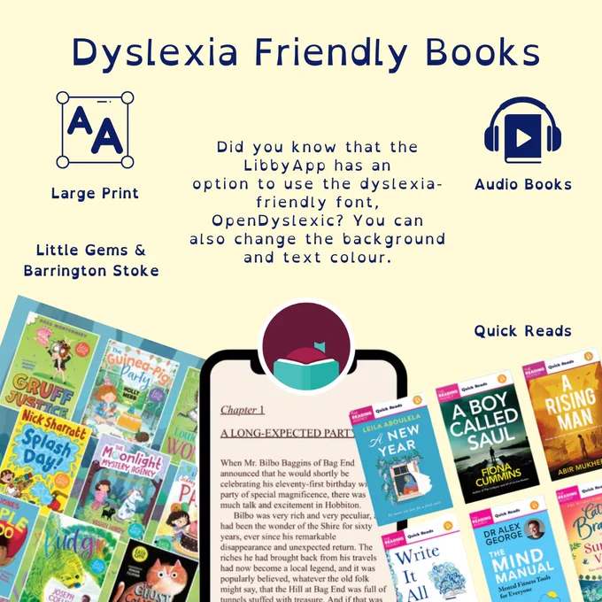 A pale yellow background with examples of Little Gems and Barrington Stoke books, Quick Reads and a mobile phone with the Libby App on, Large Print logo and Audio Book logo all for Dyslexia Awareness Week.