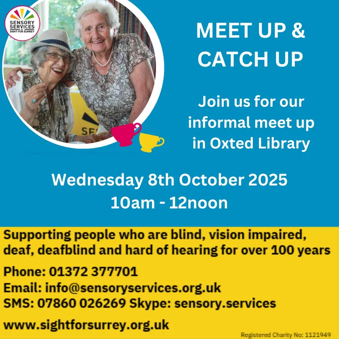 Blue and yellow background with a photograph of two smiling older women enjoying one of our Meet ups!