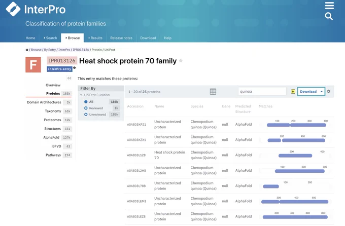 InterPro page with a list of the quinoa sequences in UniProtKB that belong to the HSP70 family.