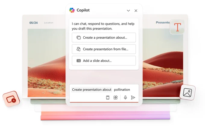 Copilot interface showing options to create or edit a presentation, with desert landscape images in the background.
