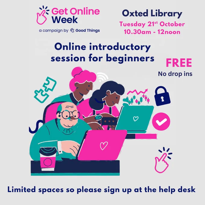 Grey background with colourful pink and green graphics of people using technology advertising our session on Tuesday 21st October 10.30am - 12noon.