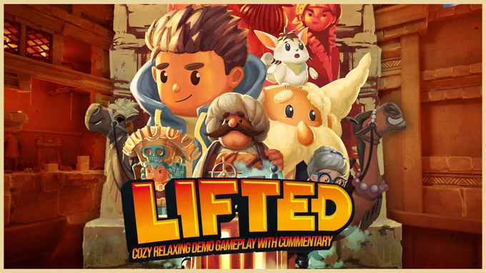 Thumbnail for a YouTube video in Coffee & Cozy channel titled “LIFTED: Cozy Relaxing Demo Gameplay with Commentary 🕓”. 

The artwork shows colorful characters from the game LIFTED, including Ari, a boy with brown hair wearing a blue hoodie, a fluffy white creature, a mustached man, an elderly woman, and other various characters. standing against a warm-toned stone background. 

Large bold yellow text reads “LIFTED” with the subtitle “Cozy Relaxing Demo Longplay with Commentary.”