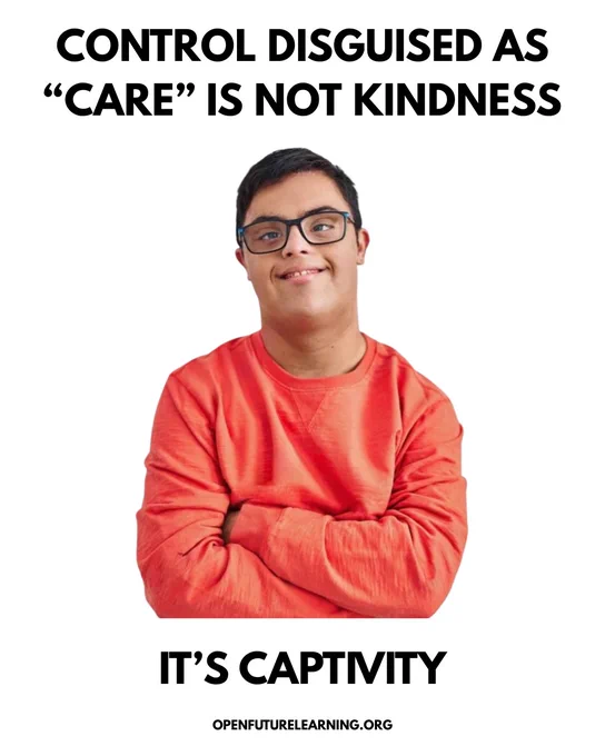 ID: Image shows a man with his arms folded smiling. Text reads: Control disguised as “care” is not kindness, it’s captivity.
