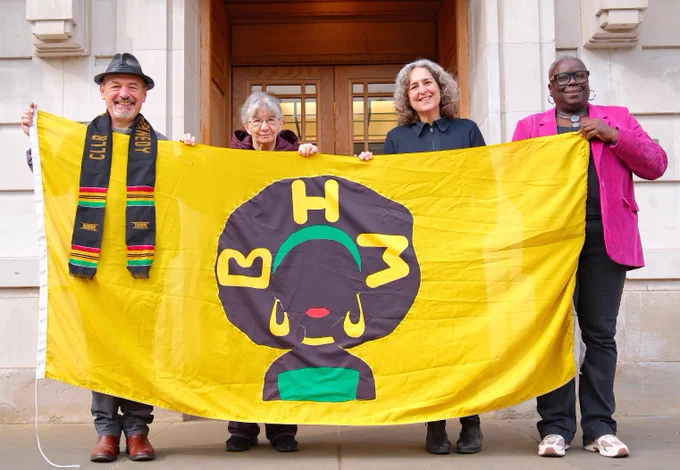 Mayor of Hackney Caroline Woodley, and former Speaker of Hackney, with Cllr Chris Kennedy, Cabinet Member for Culture and Cllr Carole Williams, Hackney Cabinet Member with responsibility for Equalities and Windrush.