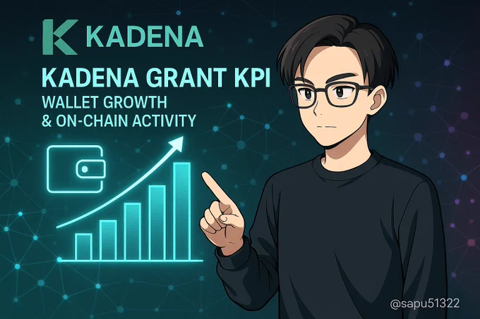 "Anime illustration of a male character pointing at a hologram chart of Kadena wallet growth against a futuristic blockchain network background, Kadena logo above, KPI Grant text: Wallet Growth & On-Chain Activity, watermark @sapu51322."