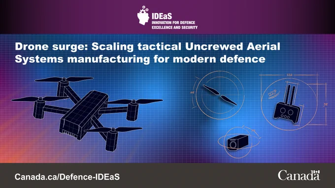 Blueprint-style graphic featuring black drawings of a drone, a compass, a security camera, and a remote control on a blue, purple, and orange background. Text on image: Drone surge: Scaling tactical Uncrewed Aerial Systems manufacturing for modern defence.
