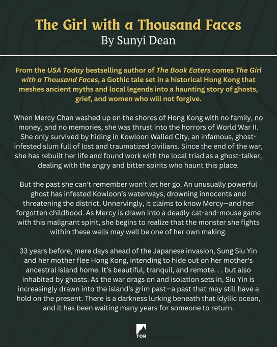 A graphic featuring the summary of The Girl with a Thousand Faces by Sunyi Dean.