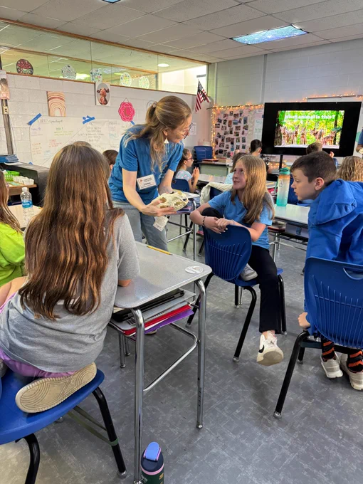 a champions for wildlife teacher walks around and shows students something that she is holding in her hand. they are in a fourth grade classroom and students are sitting at their desks