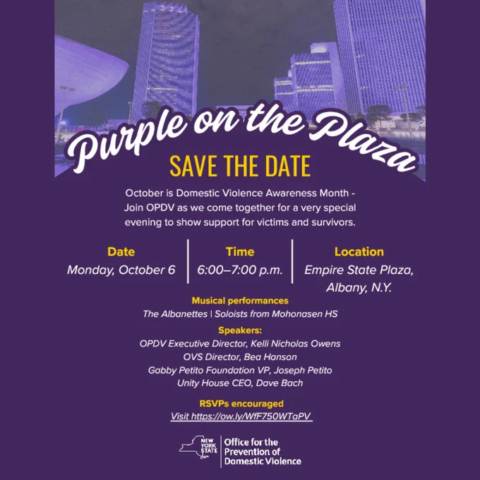 Flyer for “Purple on the Plaza” event hosted by the New York State Office for the Prevention of Domestic Violence. The event is scheduled for Monday, October 6, from 6:00–7:00 p.m. at Empire State Plaza in Albany, NY. It marks Domestic Violence Awareness Month and aims to show support for victims and survivors. Attendees are encouraged to RSVP via a provided link. 