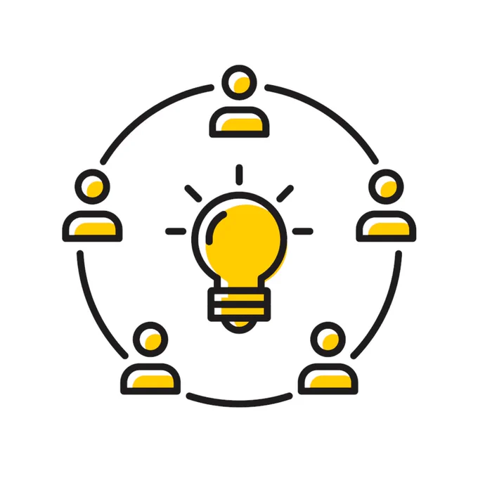 Yellow light bulb surrounded by five connected user icons representing collaborative brainstorming.