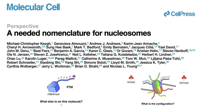 Today, we introduce a nomenclature that can express discrete PTMs, proteoforms, nucleoforms, or situations where defined PTMs exist in an uncertain context. Though specifically designed for the chromatin field, adaptions of the framework could be used to describe—and thus dissect—how proteoforms are configured in functionally distinct complexes across biology. Thank you to the many co-authors for your input and support. https://authors.elsevier.com/c/1lt5I3vVUPVb4c