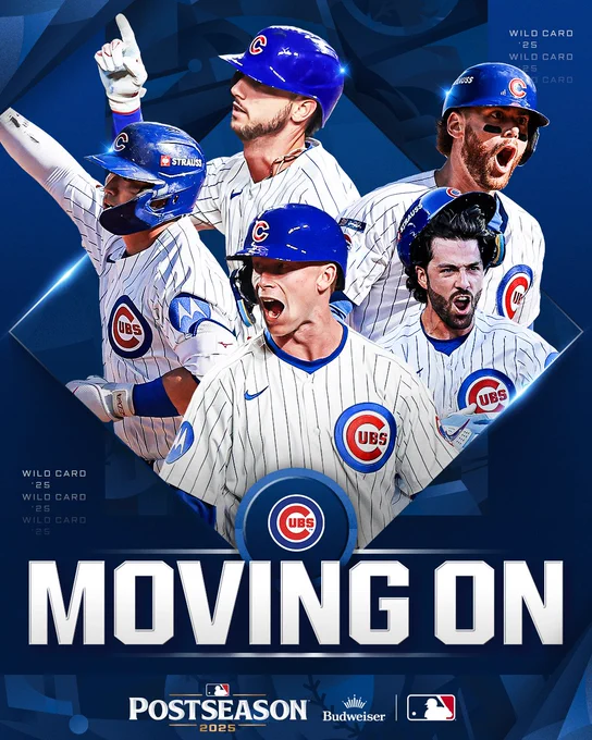 Moving On
Chicago Cubs
Pictured: Cutouts of Seiya Suzuki, Kyle Tucker, Carson Kelly, Dansby Swanson, and Pete Crow-Armstrong wearing white pinstriped Chicago Cubs jerseys and blue batting helmets.
Postseason 2025, Presented by Budweiser
