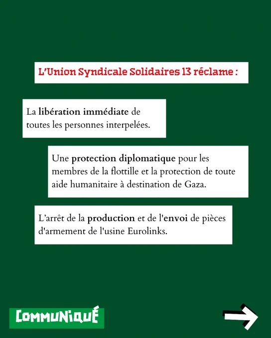 L'Union Syndicale Solidaires 13 réclame:
La libération immédiate de toutes les personnes interpelées.
Une protection diplomatique pour les membres de la flottille et la protection de toute aide humanitaire à destination de Gaza.
L’arrêt de la production et de l'envoi de pièces d'armement de l'usine Eurolinks.