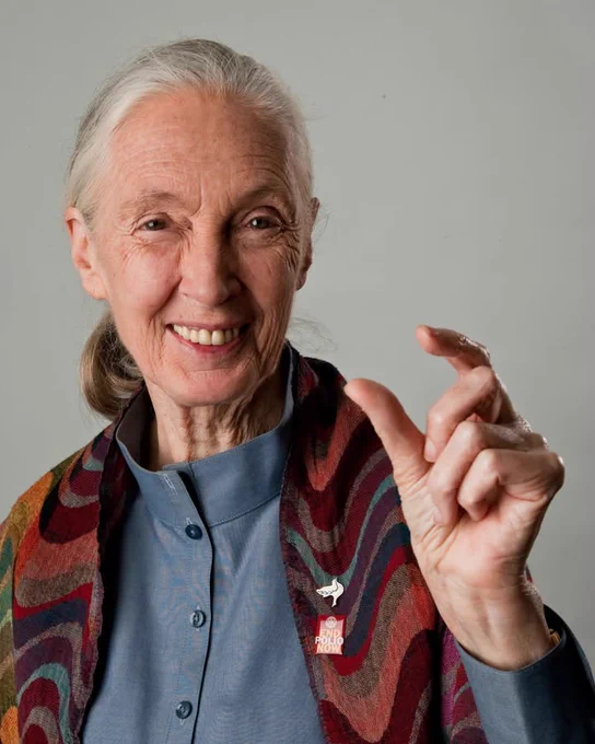 Jane Goodall gestures with a 'This Close' hand sign, smiling, wearing a blue shirt and multicolored scarf.