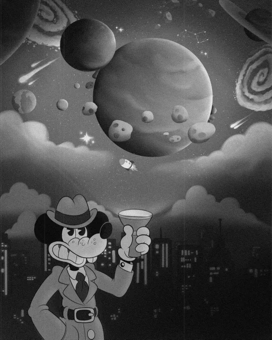 Image of Jack Pepper from MOUSE: P.I. For Hire holding a flashlight to the starry night sky, which is showing planets. Jack has a smile on his face.