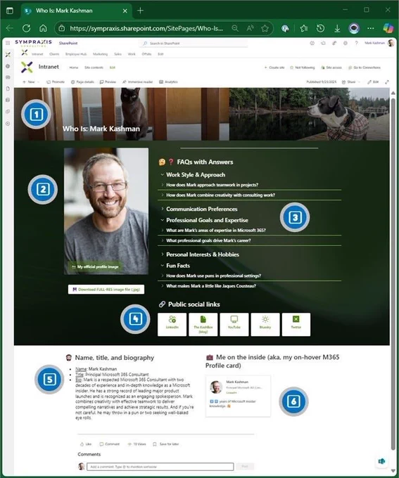 Screenshot of my new “About me” page. Learn how to create a SharePoint page to introduce yourself out to your team members/organization/company AND generate a link about you that you can send to anyone internally to share your common details for various events and communication purposes.