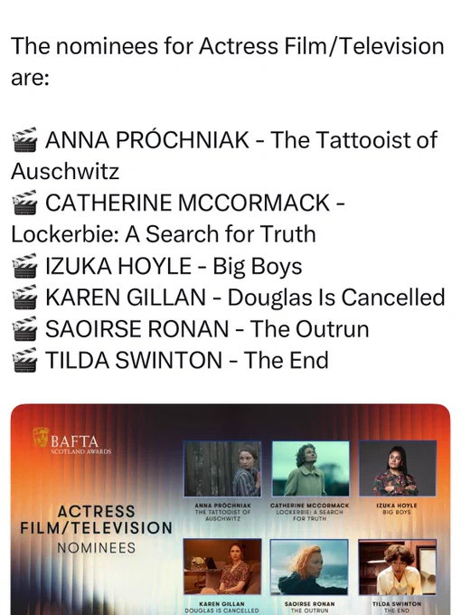 Announcement of Karen Gillan’s Scottish BAFTA nom.