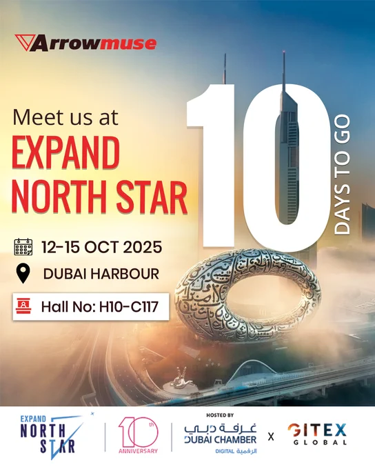 Arrowmuse exhibition announcement poster for Expand North Star 2025 at Dubai Harbour, happening from October 12–15, 2025. The design features a city skyline with the Museum of the Future, large text reading ‘10 Days to Go,’ and booth details: Hall No. H10-C117.