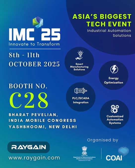 Tri-tone navy/blue event poster for Raygain at IMC 25 (Innovate to Transform). Dates: 8–11 October 2025, Yashobhoomi, New Delhi. Large “Booth No. C28” in neon green. Right side shows four circular icons: Smart Manufacturing Solutions, Energy Optimization, PLC/SCADA Integration, Customized Automation Systems. Raygain logo and website at bottom; organiser logos (DoT & COAI). Clean tech aesthetic with gradients and curved shapes.