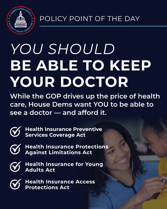 YOU SHOULD BE ABLE TO KEEP YOUR DOCTOR

While the GOP drives up the price of health care, House Dems want YOU to be able to see a doctor — and afford it.

 

Health Insurance Preventive Services Coverage Act

 

Health Insurance Protections Against Limitations Act

 

Health Insurance for Young Adults Act

 

Health Insurance Access Protections Act

 

