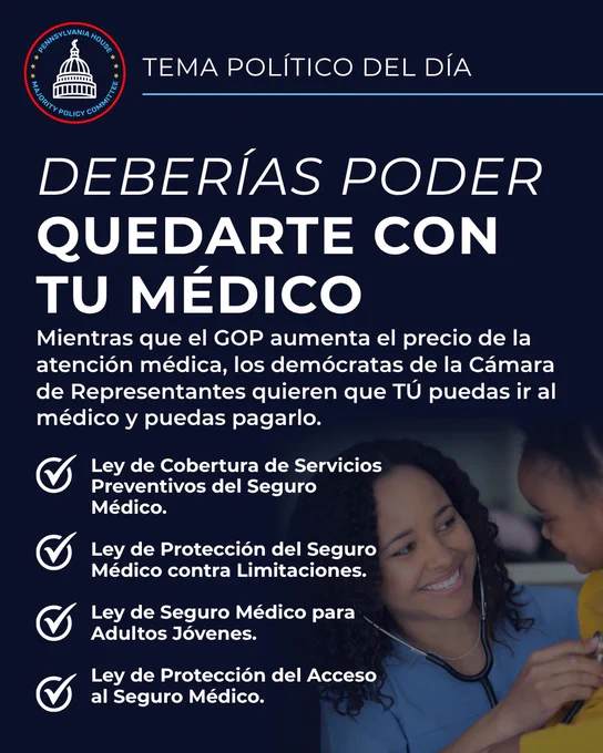 DEBERÍAS PODER QUEDARTE CON TU MÉDICO

Mientras que el GOP aumenta el precio de la atención médica, los demócratas de la Cámara de Representantes quieren que TÚ puedas ir al médico y puedas pagarlo.

 

Ley de Cobertura de Servicios Preventivos del Seguro Médico.

 

Ley de Protección del Seguro Médico contra Limitaciones.

 

Ley de Seguro Médico para Adultos Jóvenes.

 

Ley de Protección del Acceso al Seguro Médico.