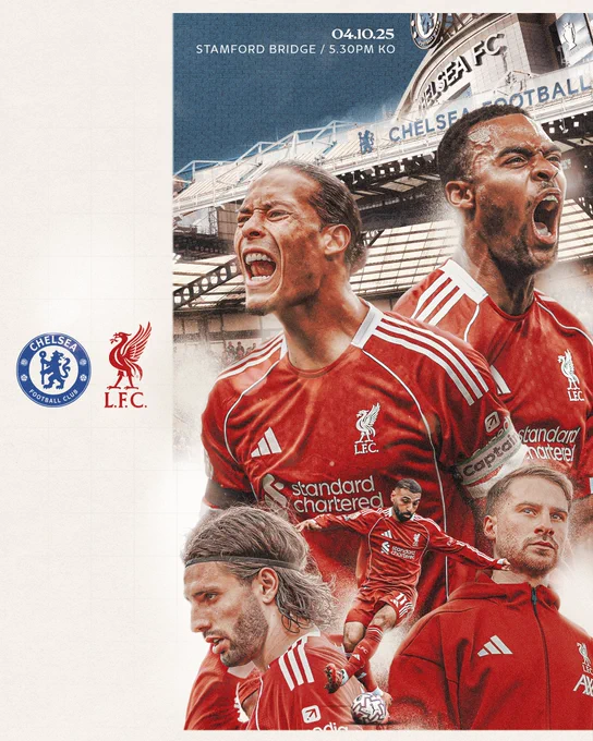 Matchday graphic for Chelsa vs Liverpool in the Premier League.

The match will take place on Saturday 4th October 2025, 5:30pm BST kick-off at Stamford Bridge.