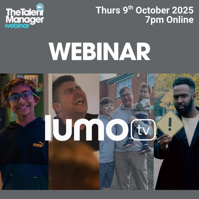 Promotional graphic for The Talent Manager webinar with Lumo TV, scheduled for Thursday 9th October 2025, 7pm online. Collage of people smiling, laughing, and holding a warning sign.