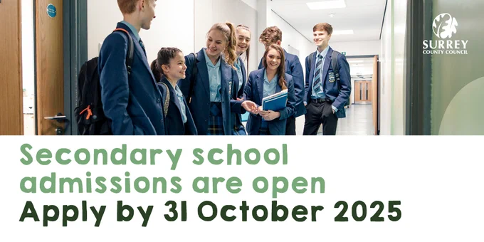 A group of pupils in a school corridor together, smiling and laughing. Text: Secondary school admissions are open. Apply by 31 October 2025.