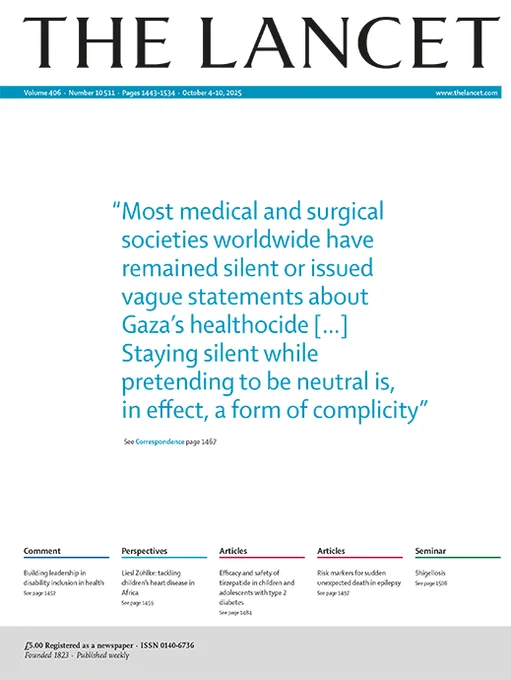 Cover of The Lancet's Oct 4, 2025 issue. Cover quote reads: "Most medical and surgical societies worldwide have remained silent or issued vague statements about Gaza's healthocide [...] Staying silent while pretending to be neutral is, in effect, a form of complicity."