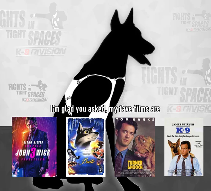 Dog called Agent K posing on a supposed red carpet. with the text "I'm glad you asked, my fave films are" and then four movie posters. From left to right: John Wick 3, Balto, Turner and Hooch, K9