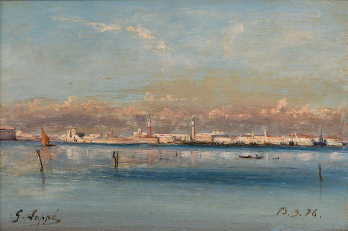 Légende visuel : Le Lido à Venise, 13 septembre 1876, Huile sur carton, Collection particulière 📷 Pascal Tournaire