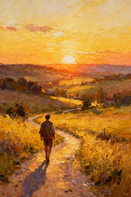 A solitary figure walks along a winding path, bathed in golden sunlight during a breathtaking sunset over rolling hills.