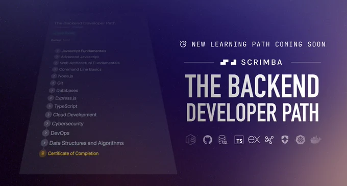Scrimba promo graphic for the upcoming Backend Developer Path. Topics include Node.js, databases, Express.js, TypeScript, DevOps, and more