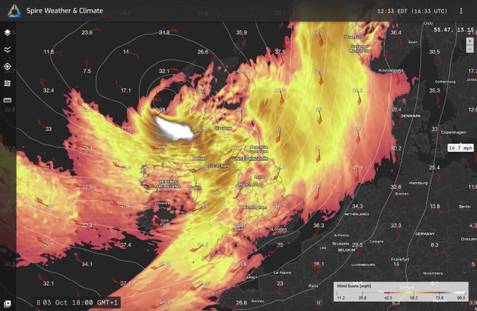 A snapshot of our High-Resolution Forecast shows wind gusts (the color fill is filtered to show gusts above 40 mph). There are also wind barbs, mean sea level pressure contours, and the low-pressure center for Storm Amy.